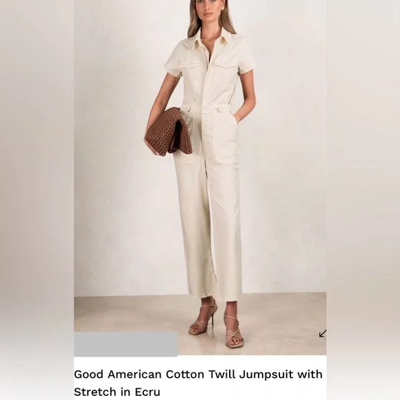 Good American Fit For Success Twill Palazzo Crop Jumpsuit in Ecru, Size: Large - Picture 3 of 14